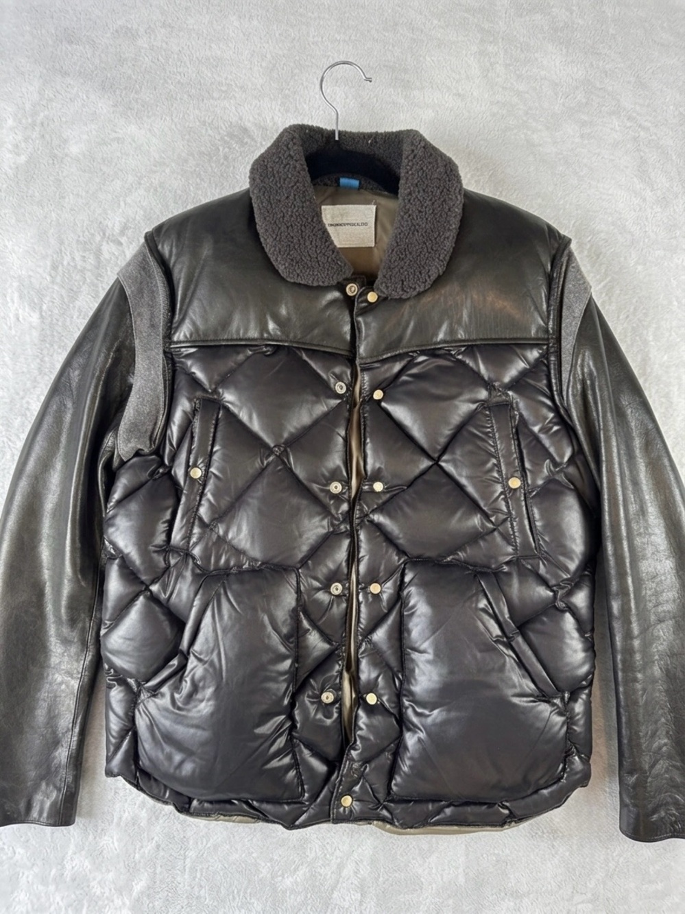 Black Quilted Leather Sleeve Puff Jacket with Sherpa Collar